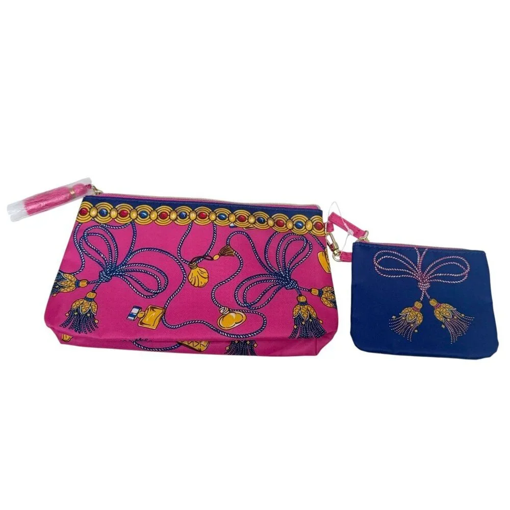 ESTEE LAUDER Set of 2 Cosmetic Makeup Bags Navy Pink Tassel Print